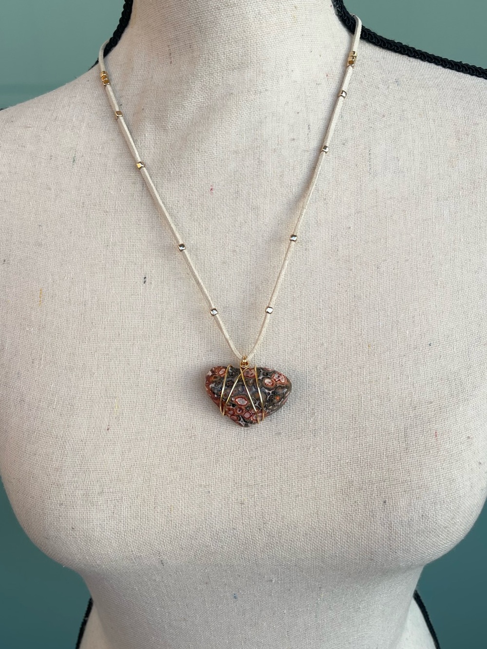 ON HOLD Jaguar Jasper Necklace on a White Suede Cord with Gold Tone Accents - Picture 4 of 4